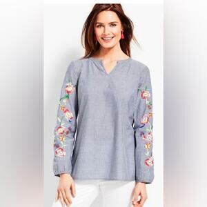 Talbots Bluish Gray Striped Floral Embroidered Boho Cotton Popover Shirt Small